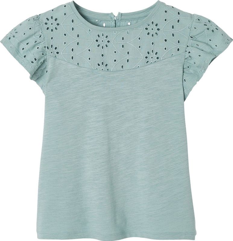 Vertbaudet - Meisjesshirt - Gevlamd Katoen - Engels Borduurwerk - Korte Mouwen met Stroken