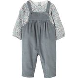 Set - Fluwelen Overall en Blouse - Hemelsblauw - Bloemenmotief - Verstelbare Schouderbandjes