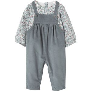 Set - Fluwelen Overall en Blouse - Hemelsblauw - Bloemenmotief - Verstelbare Schouderbandjes