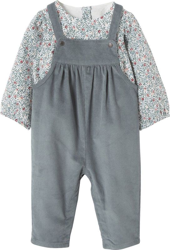 Set - Fluwelen Overall en Blouse - Hemelsblauw - Bloemenmotief - Verstelbare Schouderbandjes