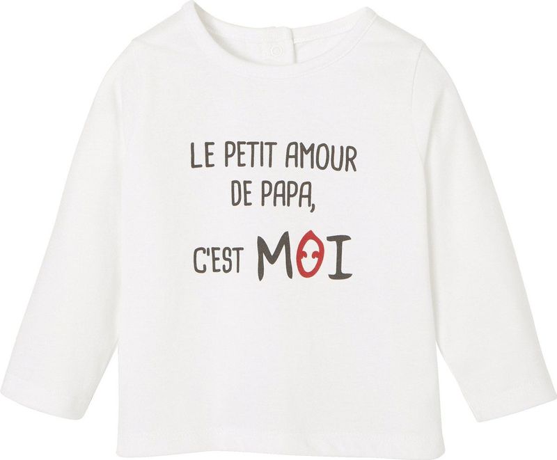 Vertbaudet - T-shirt - Wit - 100% Katoen - Lange Mouwen, Drukknopen Achterzijde