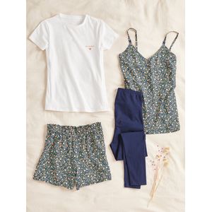 Homewear - 4-delige Set - Pyjama - Fleurig - Inclusief T-shirt, Top, Short en Broek
