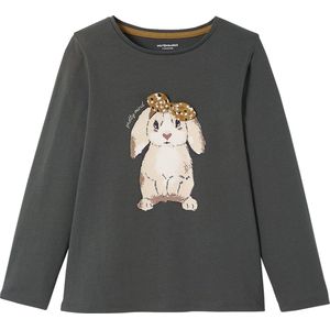 T-shirt - Anna - Meisjes T-shirt - Donkergrijs - Bedrukt Konijnmotief met Strikje, Lange Mouwen, Katoen