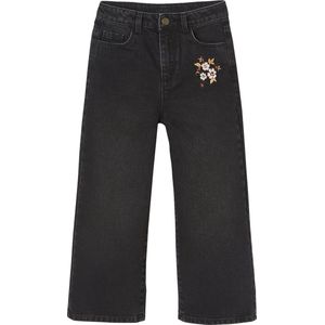 Wijde meisjesjeans met bloemenborduurwerk zwart met print