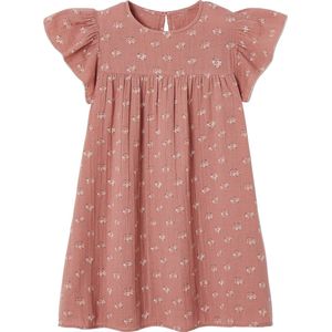 Meisjesjurk - Bedrukt Katoengaas - Terracottategel - Vlindermouwen - Hydrofiel Doek