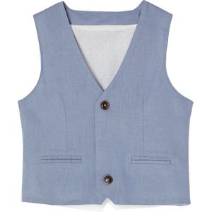 Mouwloos Jasje - Blauw - 75% Katoen 25% Linnen - Knoopsluiting - Voering met Stippenprint