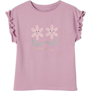 Meisjes - T-shirt - Zachtpaars - 100% Katoen - Iriserend Motief, Korte Mouwen met Ruches