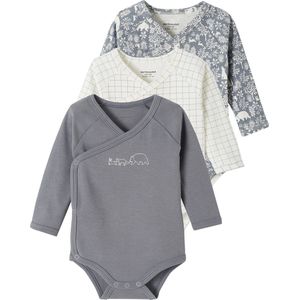 Set van 3 - Rompertjes - Jeansblauw - Biologisch Katoen - Lange Mouwen, Drukknopen Vooraan