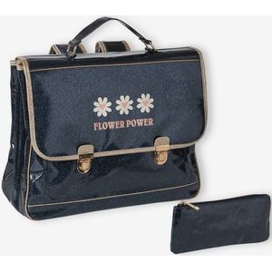 Schooltas + Flower power" glitter etui nachtblauw