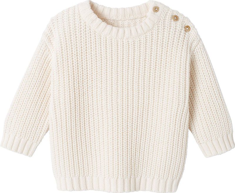 Geribde Babytrui - Ecru - Kabeltrui - Drukknoopsluiting op de Schouder - Raglanmouwen