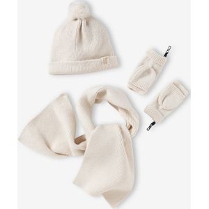 Meisjesset van geribd breiwerk met muts + sjaal + wanten/vingerhandschoentjes gemêleerd beige