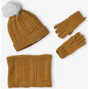 Set muts + snood + handschoenen of wanten van kabelbreisel voor meisjes mosterdgeel