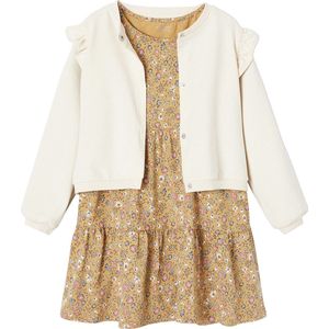 Set - Jurk en Cardigan - Karamel - 100% Katoen - Lange Mouwen, Ruches bij Armsgaten