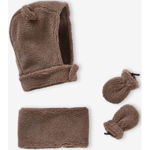 Berenset voor babyjongens met bivakmuts + snood + wanten van sherpa mokka