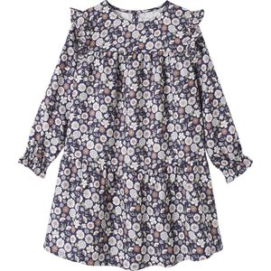 Meisjesjurk - Soepelvallende - Jerseyjurk - Nachtblauw - Volledige Bloemenprint, Sierruches, Lange Mouwen