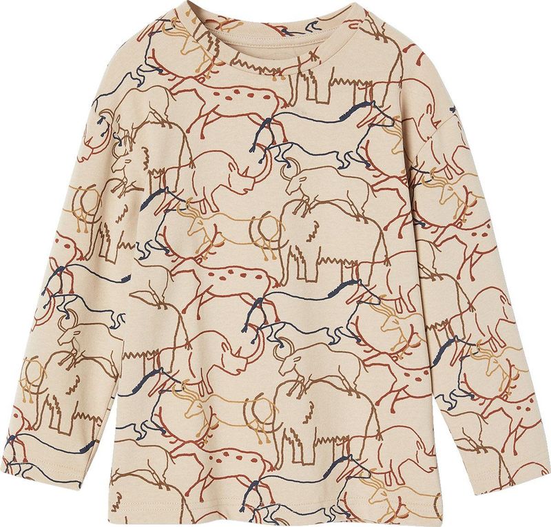 T-shirt - Prehistorische Dierenprint - Ronde Hals - Lange Mouwen - 100% Katoen