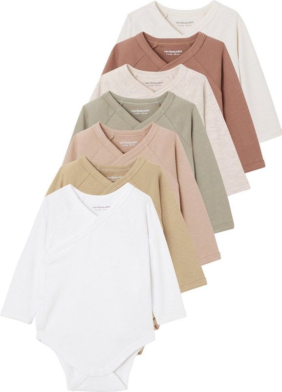Vertbaudet - BASICS - Rompertjes - Meerkleurig - Set van 7 - Lange Mouwen - Opening voor Pasgeborenen