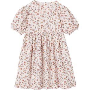 Jurk - Seersucker - Ronde Hals - Knoopsluiting - Elastische Ballonmouwen - 100% Katoen