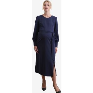 Lange zwangerschapsjurk - Marineblauw - Gedrapeerd Effect - Comfortabele Stof - Split Aan Voorkant