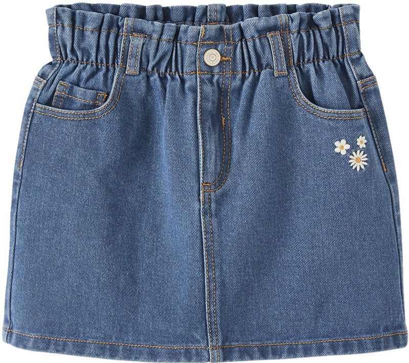 Vertbaudet - Jeansrok - Blauw - 100% Katoen - Paperbag Taille, Geborduurde Bloemen
