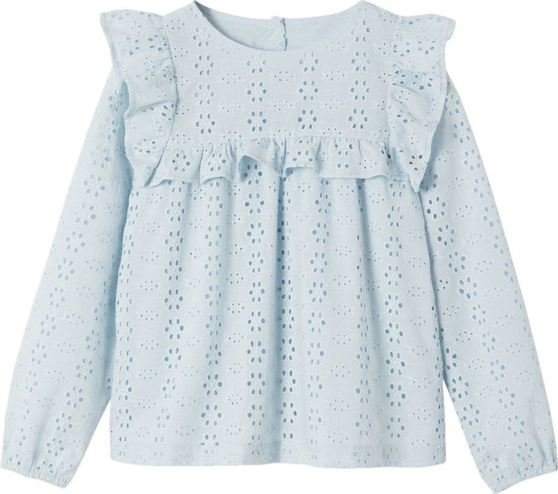 Blouse - Hemelsblauw - Meisjes - Met Ruches en Engels Borduurwerk