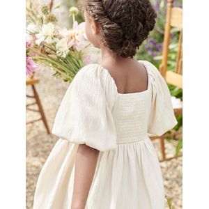 Gesmokte Nette Meisjesjurk - Vanille - Geweven Stof - 97% Katoen, 3% Polyester