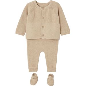 Gebreide Set - 3-delig - Gemêleerd Beige - 100% Katoen - Vest, Broek en Babyschoentjes