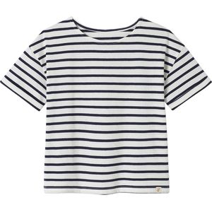 Gestreept meisjes-T-shirt met korte mouwen ongewassen denim