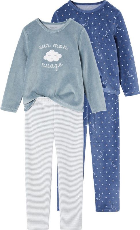 Set van 2 fluwelen pyjama's "sur mon nuage" voor meisjes blauwgroen