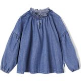 Meisjesblouse - Denim - Middenblauw - 100% Katoen - Lange Pofmouwen