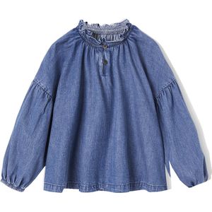Meisjesblouse - Denim - Middenblauw - 100% Katoen - Lange Pofmouwen