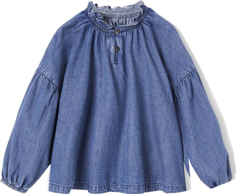 Meisjesblouse - Denim - Middenblauw - 100% Katoen - Lange Pofmouwen