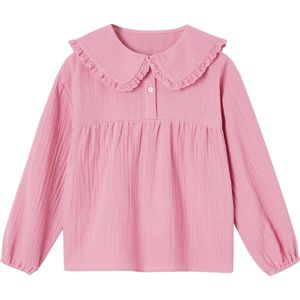 Meisjesblouse - Katoenen Gaas - Oudroze - Claudinekraag - Lange Mouwen