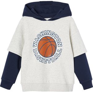 Jongenssweater - Gemêleerd Wit - Met Dubbele Mouwen - Basketbalmotief in Reliëf