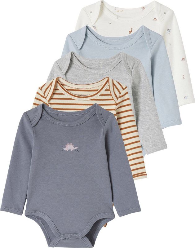 Set van 5 Rompertjes - Dinosaurus-Thema - Biokatoen - Lange Mouwen