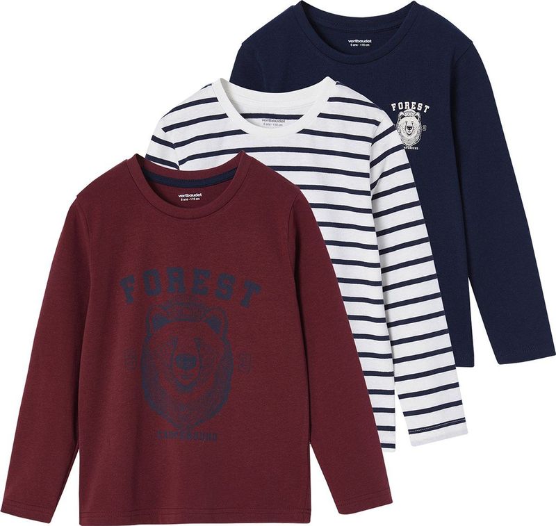 Set van 3 - T-shirts - Bordeauxrood - Lange Mouwen - 100% Katoen