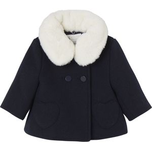 Wollen jas voor babymeisjes met verwijderbare nepbonten kraag marineblauw