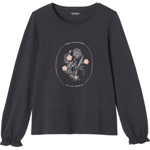 Meisjesshirt - Antraciet - Met Decoratieve Bloemenprint in Reliëf - Lange Mouwen