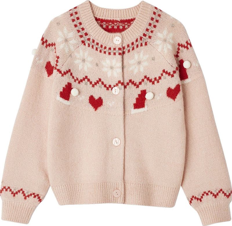 Jacquard - Meisjesvest - Roze - Met Glanzende Draden - Lange Mouwen - Knoopsluiting