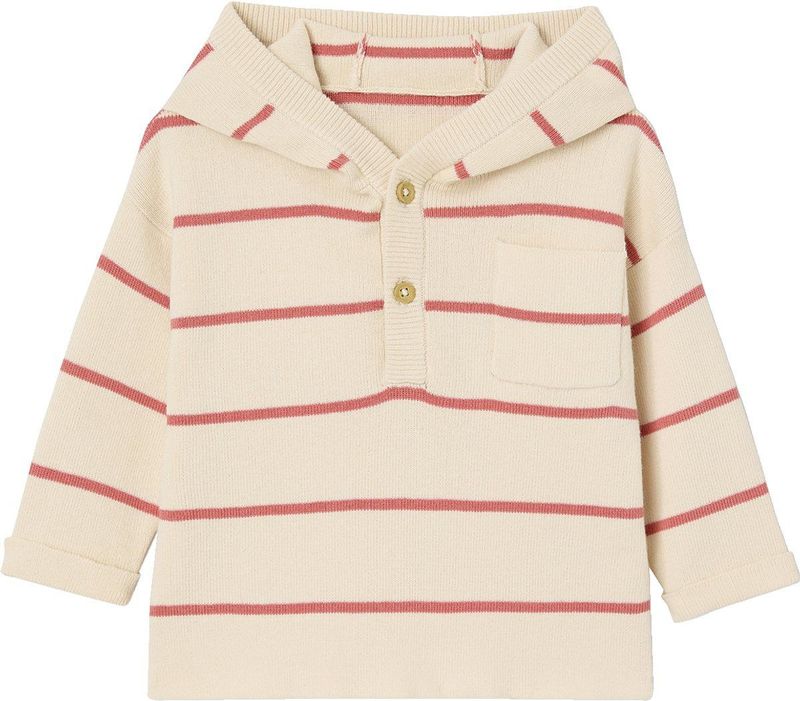 Gestreepte - Babytrui - Terracottategel - 80% Katoen, 20% Polyamide - Capuchon, Borstzakje