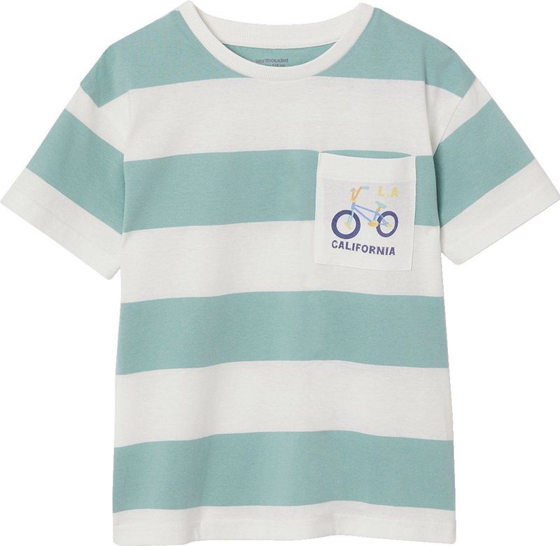 Jongensshirt - Groen - Gestreept - Korte Mouwen - Borstzakje met Print