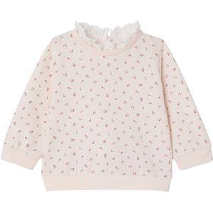 Babysweater - Bloemenprint - Lichtroze - 100% Katoen - Ronde Halslijn met Ruches
