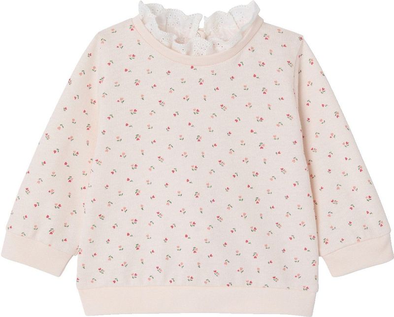 Babysweater - Bloemenprint - Lichtroze - 100% Katoen - Ronde Halslijn met Ruches