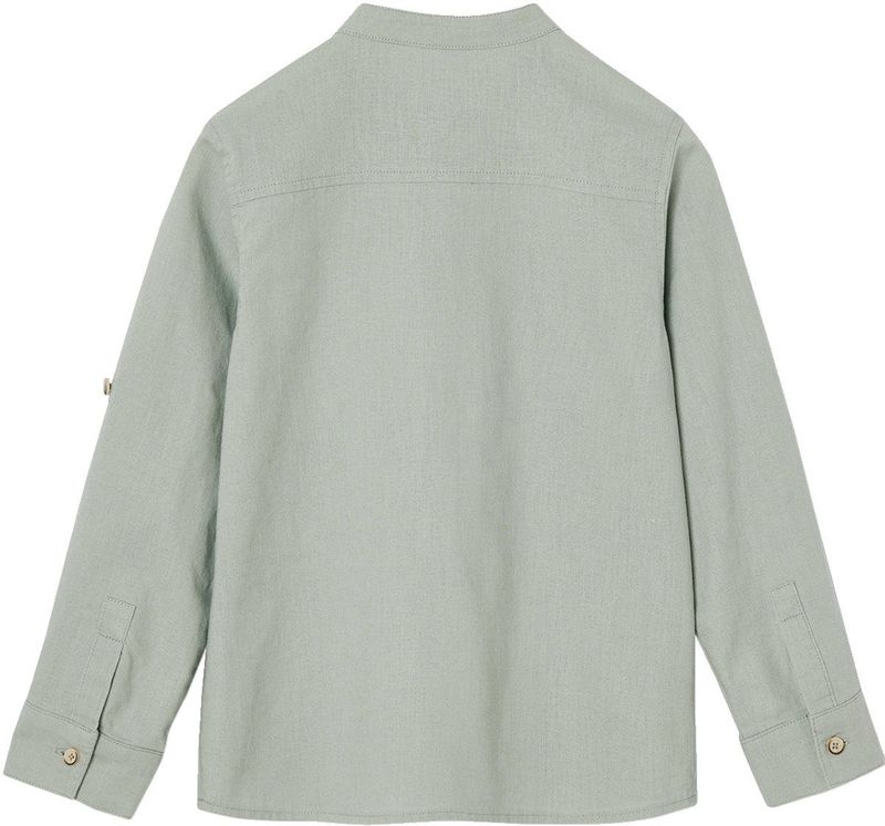 Jongens - Overhemd - Saliegroen - Katoen/Linnen - Maokraag, Oprolbare Mouwen