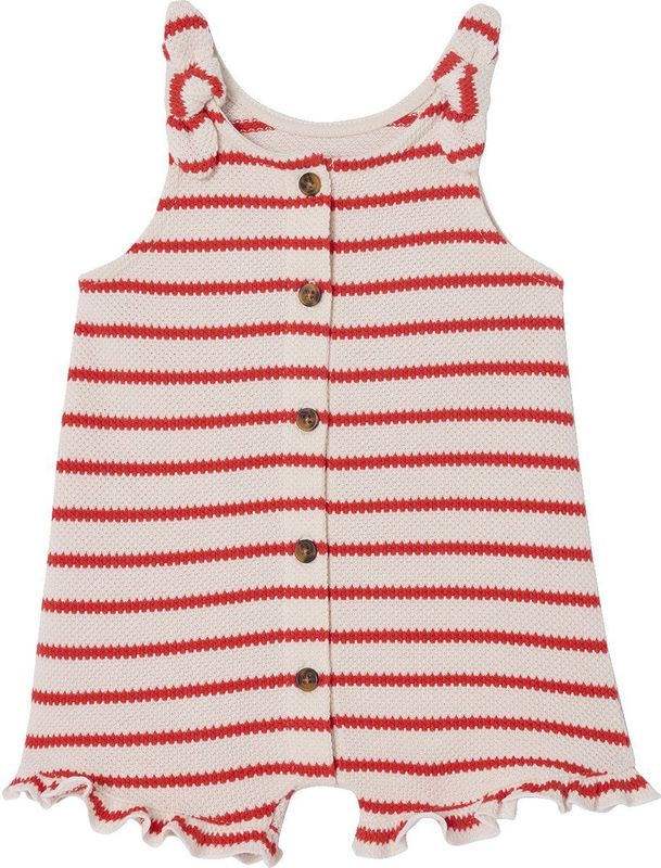 Jumpsuit - Romper - Rood - 100% Katoen - Gestreept, Knoopsluiting, Ruches