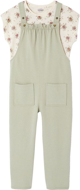 Meisjesset met T-shirt en tuinbroek saliegroen