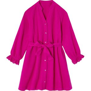 Jurken - Katoengaas - Ronde Hals - Lange Mouwen - Strikriem - Roze