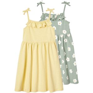 Meisjesjurken - Marineblauw - Set van 2 - Met Schouderbandjes - 1 Bedrukt en 1 Effen