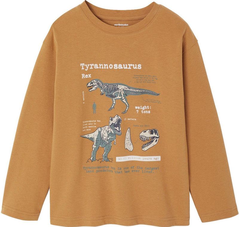 T-shirt - Pecannoot - Lange Mouwen - Print met Reliëf - Voor Jongens