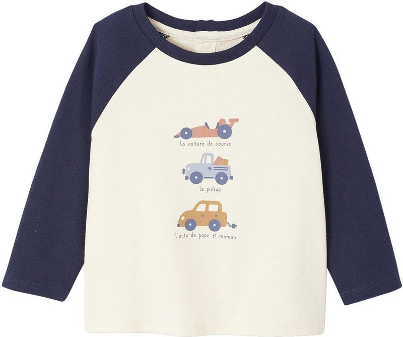 T-shirt - Marineblauw - Baby - Lange Mouwen - Geplaatste Print Aan De Voorkant